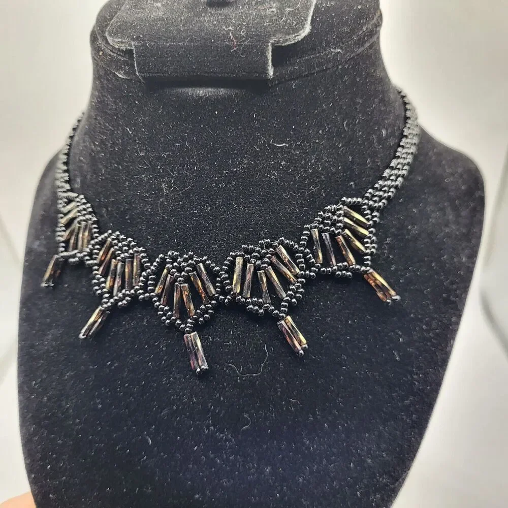 Antique Beaded Woven Victorian Beaded Silver and Black Choker Necklace 15.5 in